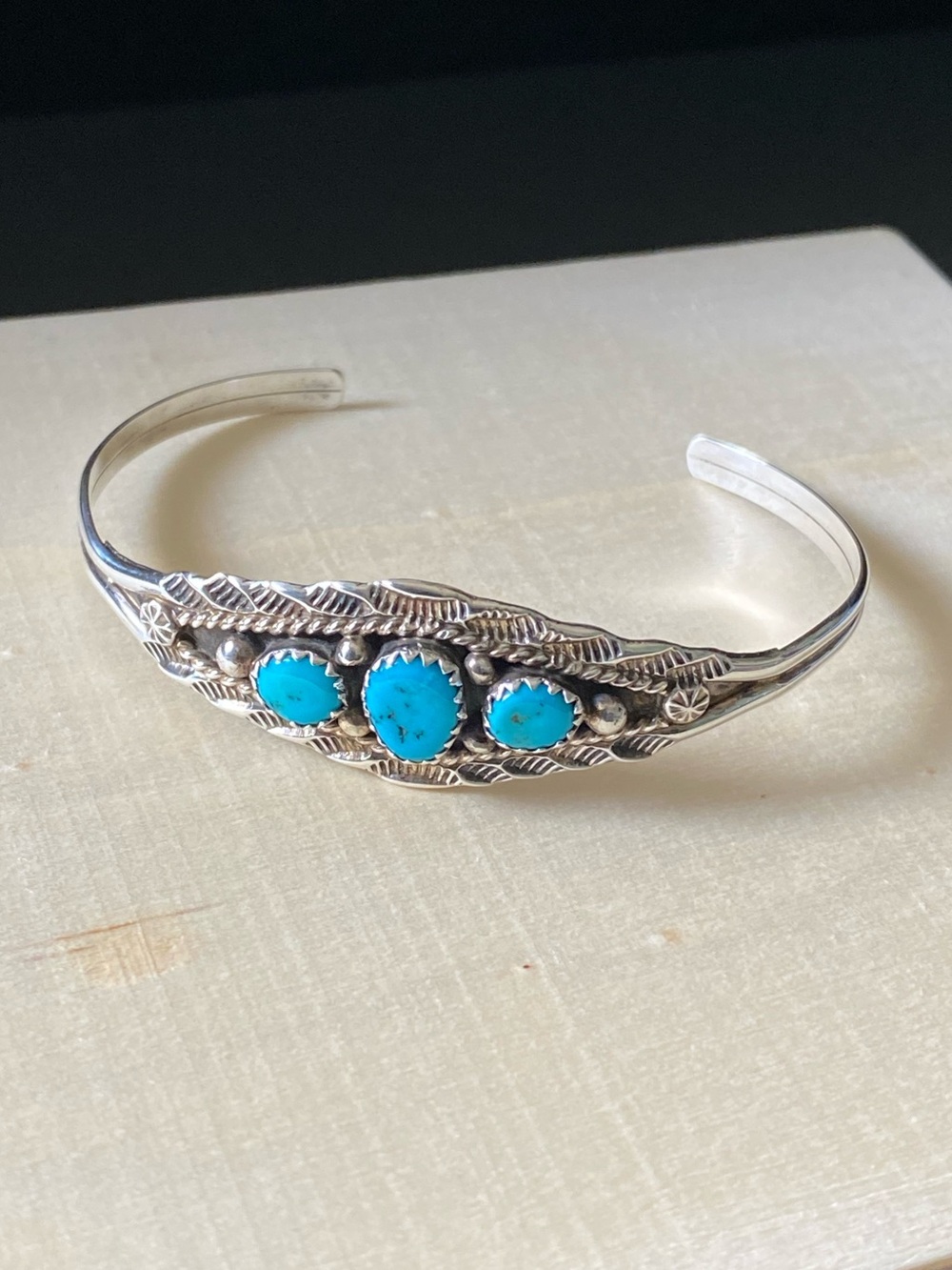 Navajo Vintage Marie Bahe Sterling Silver Turquoise Three-Stone Cuff Bracelet